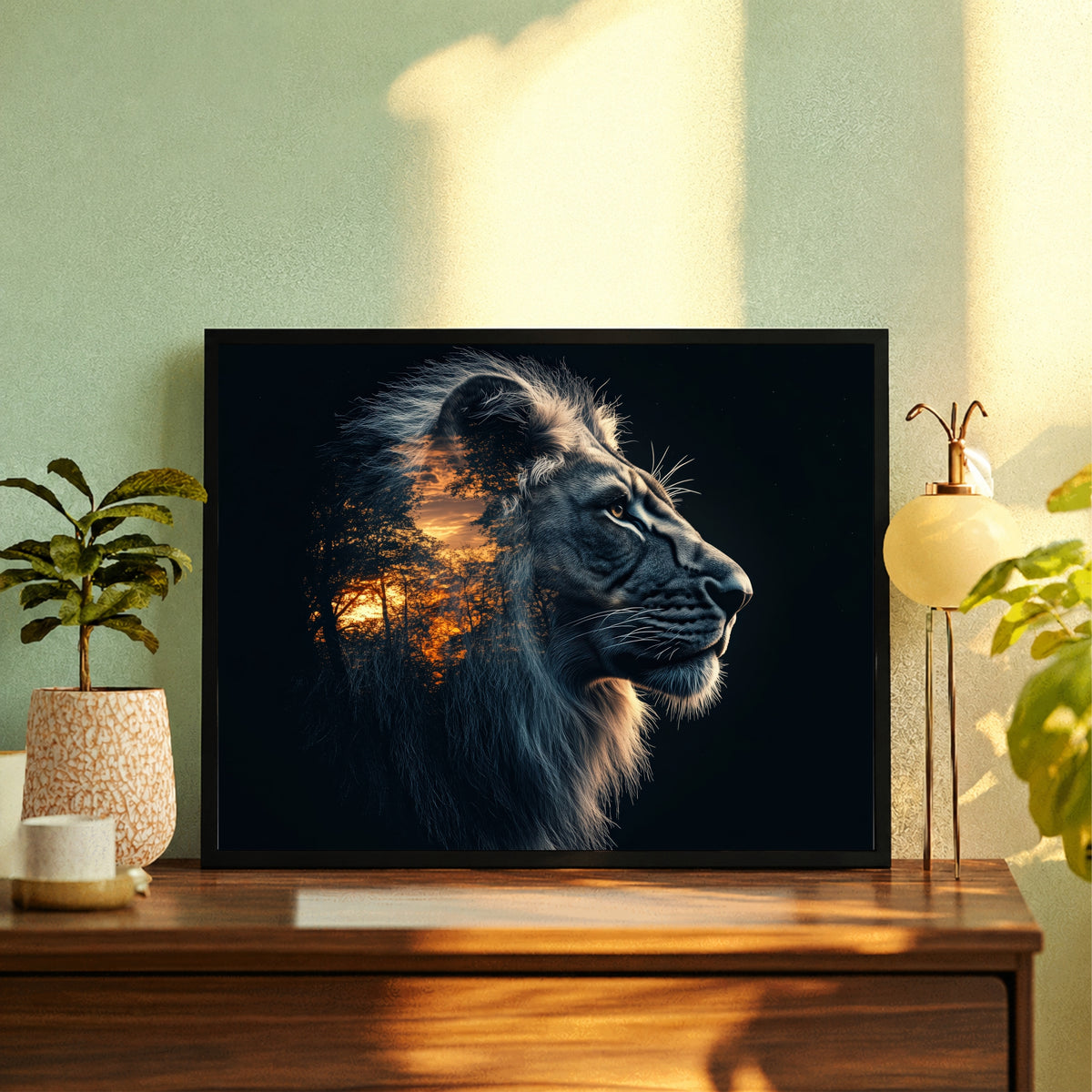 Lion Wall Art | Double Exposure Lion Artwork | African Safari Sunset Wildlife Decor | Framed Animal Wall Decor