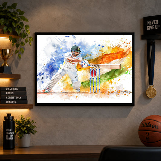 Cricket Player Wall Art | Indian Cricket Framed Sports Print | Batting Artwork for Home & Gym Décor