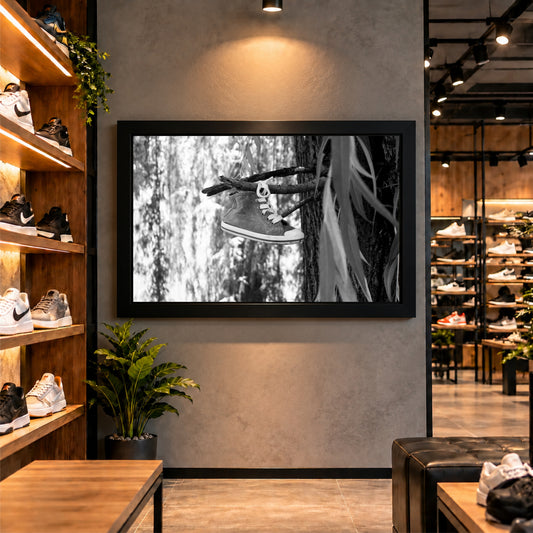 Hanging Sneaker Wall Art | Black & White Shoes Artwork | Nature Decor