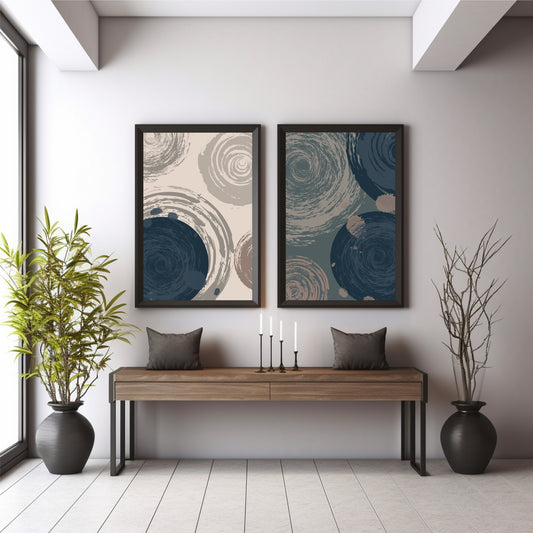 Abstract Swirl Wall Art Set of 2 | Navy Blue & Beige Textured Circular Modern Prints