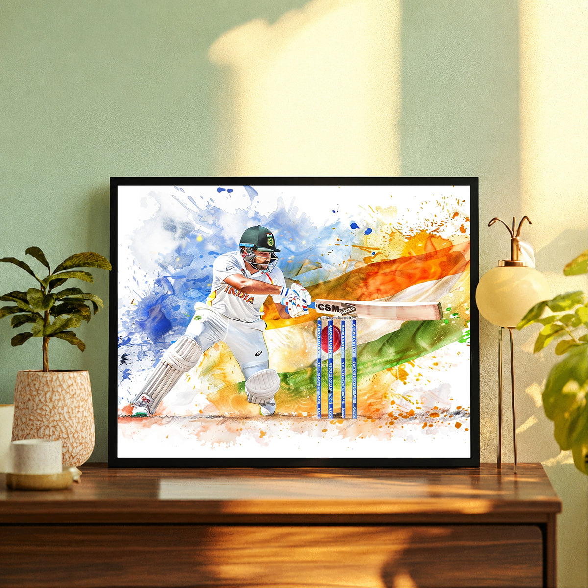 Cricket Player Wall Art | Indian Cricket Framed Sports Print | Batting Artwork for Home & Gym Décor