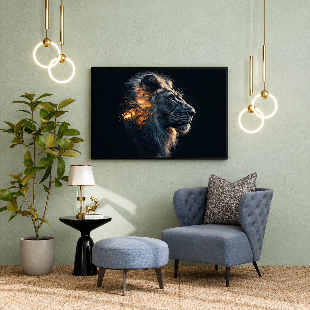 Lion Wall Art | Double Exposure Lion Artwork | African Safari Sunset Wildlife Decor | Framed Animal Wall Decor