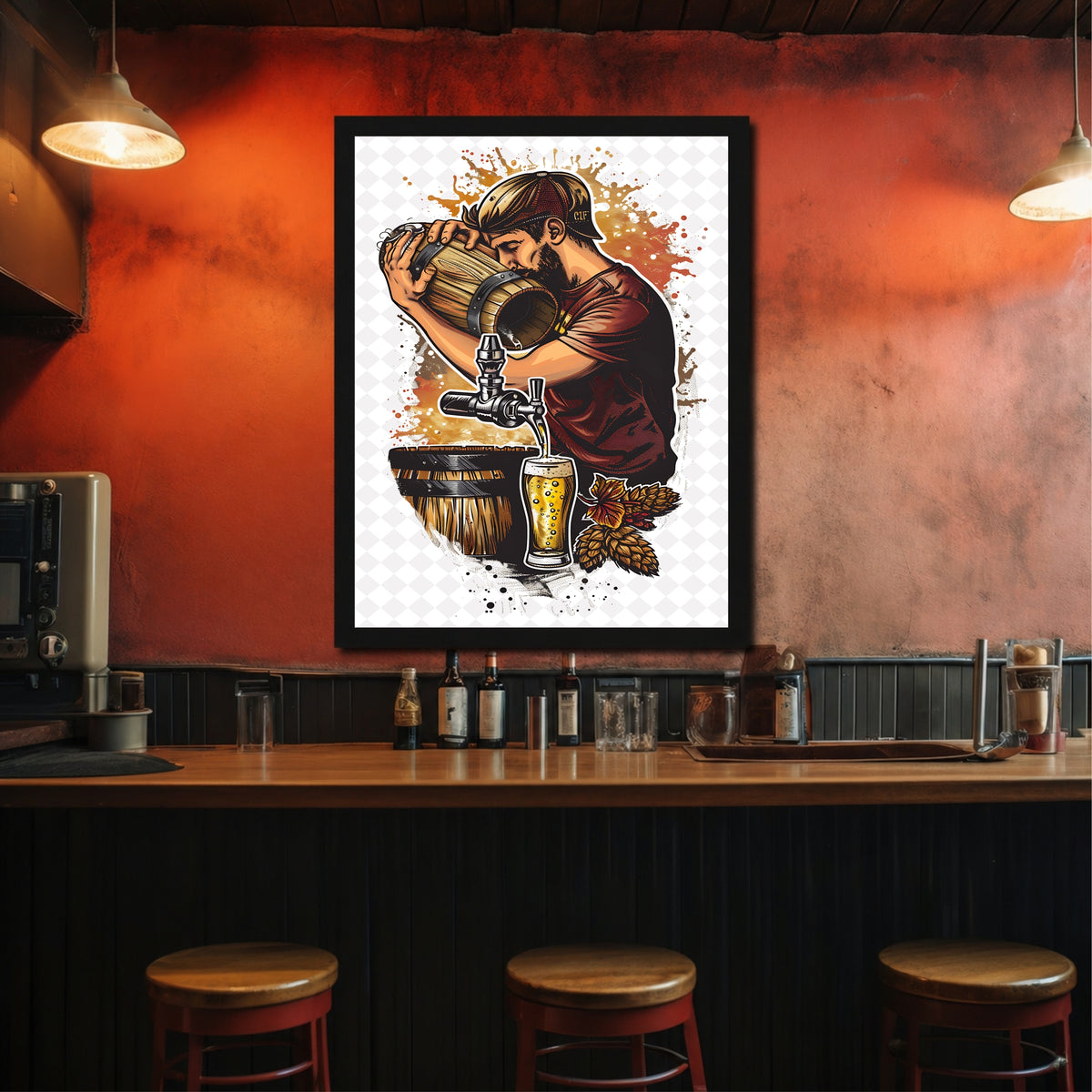 Beer Brewery Wall Art | Framed Vintage Beer Barrel & Tap Artwork | Pub Bar Décor | Beer Lover Wall Art