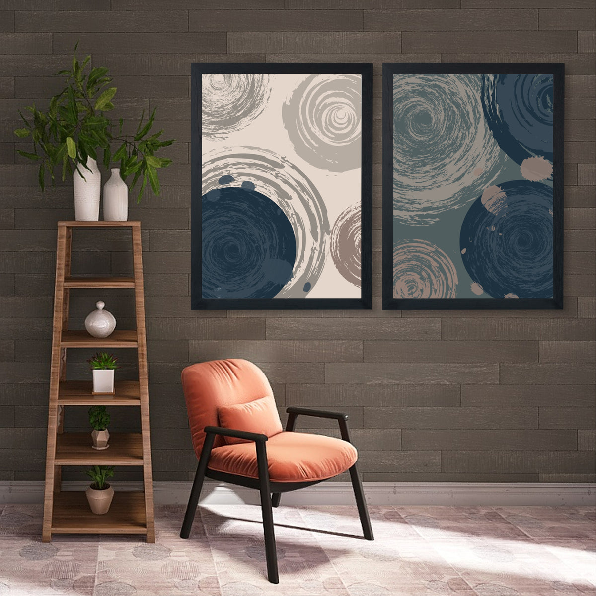Abstract Swirl Wall Art Set of 2 | Navy Blue & Beige Textured Circular Modern Prints