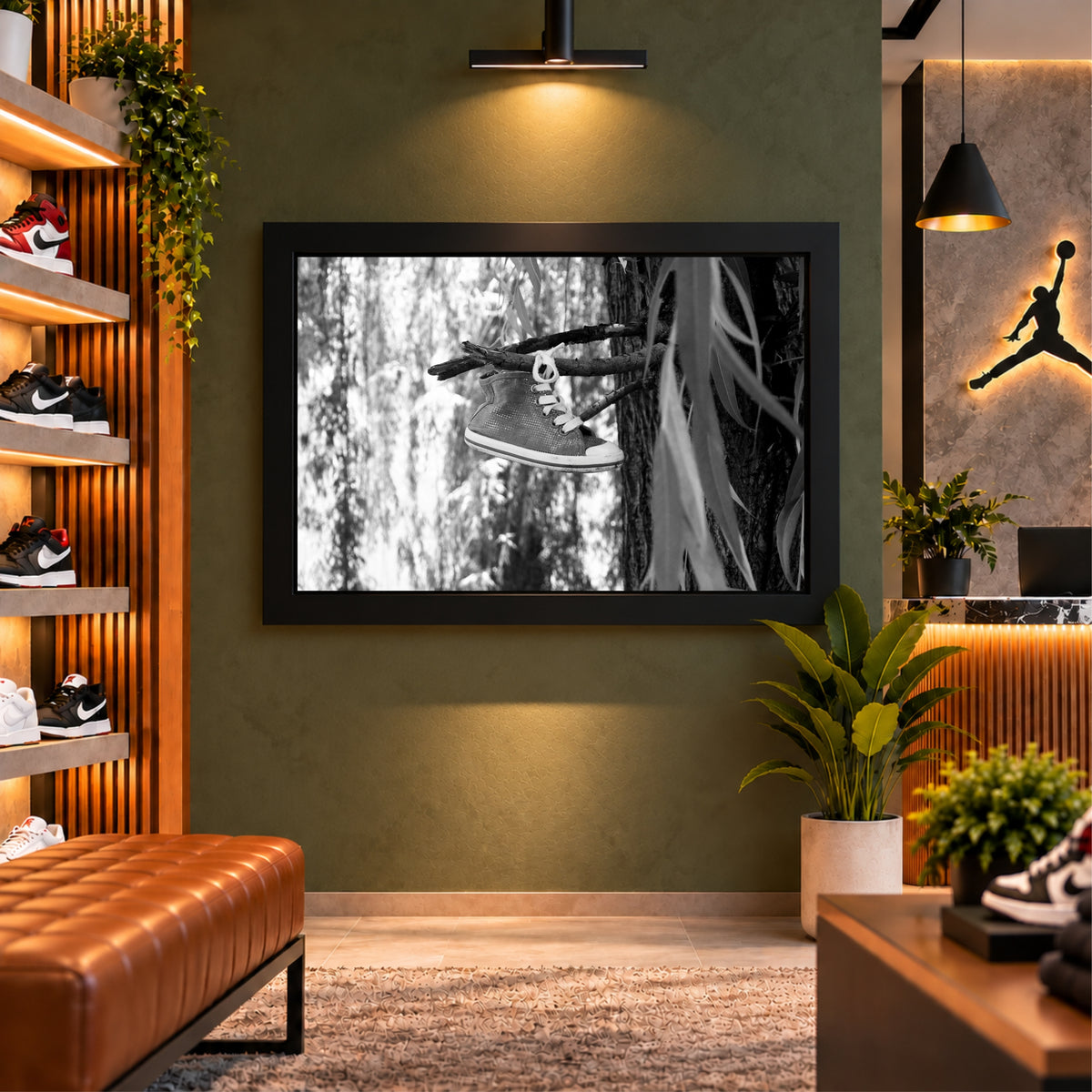 Hanging Sneaker Wall Art | Black & White Shoes Artwork | Nature Decor