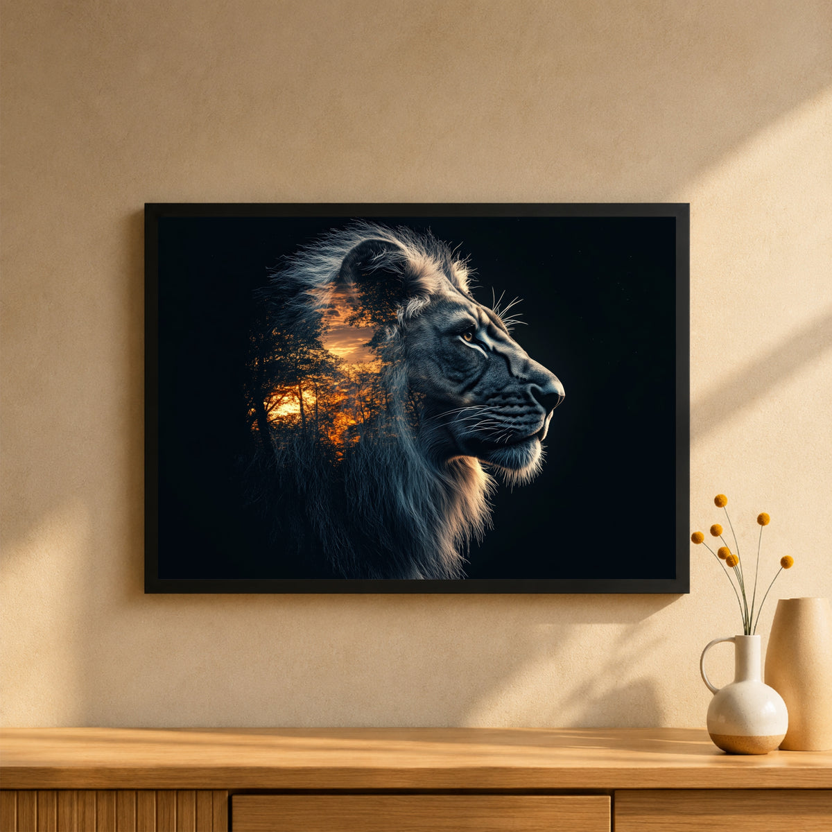 Lion Wall Art | Double Exposure Lion Artwork | African Safari Sunset Wildlife Decor | Framed Animal Wall Decor