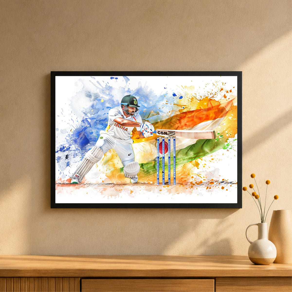 Cricket Player Wall Art | Indian Cricket Framed Sports Print | Batting Artwork for Home & Gym Décor