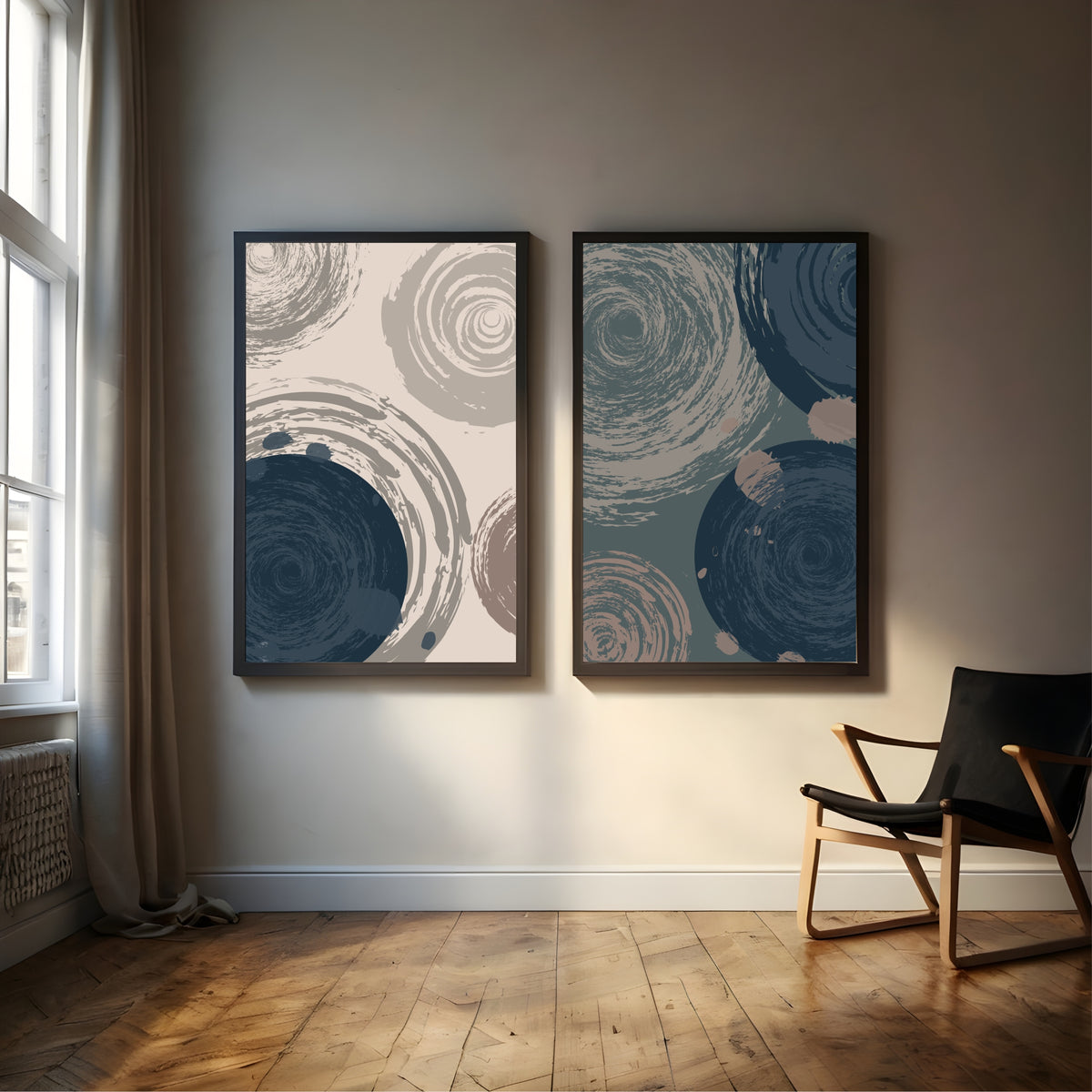 Abstract Swirl Wall Art Set of 2 | Navy Blue & Beige Textured Circular Modern Prints