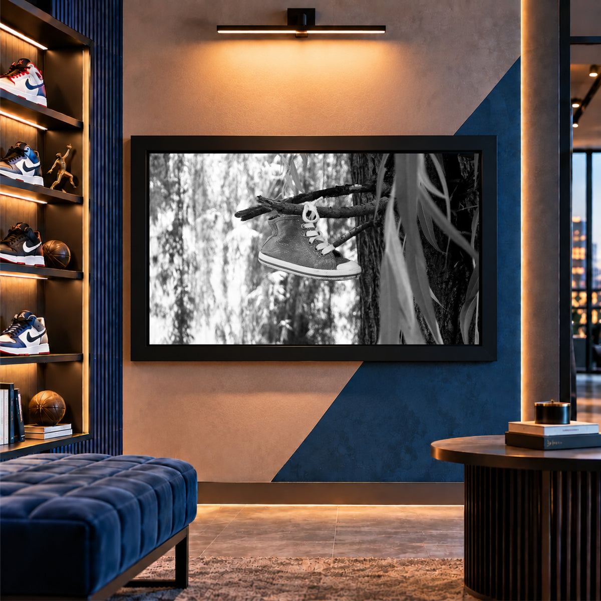 Hanging Sneaker Wall Art | Black & White Shoes Artwork | Nature Decor