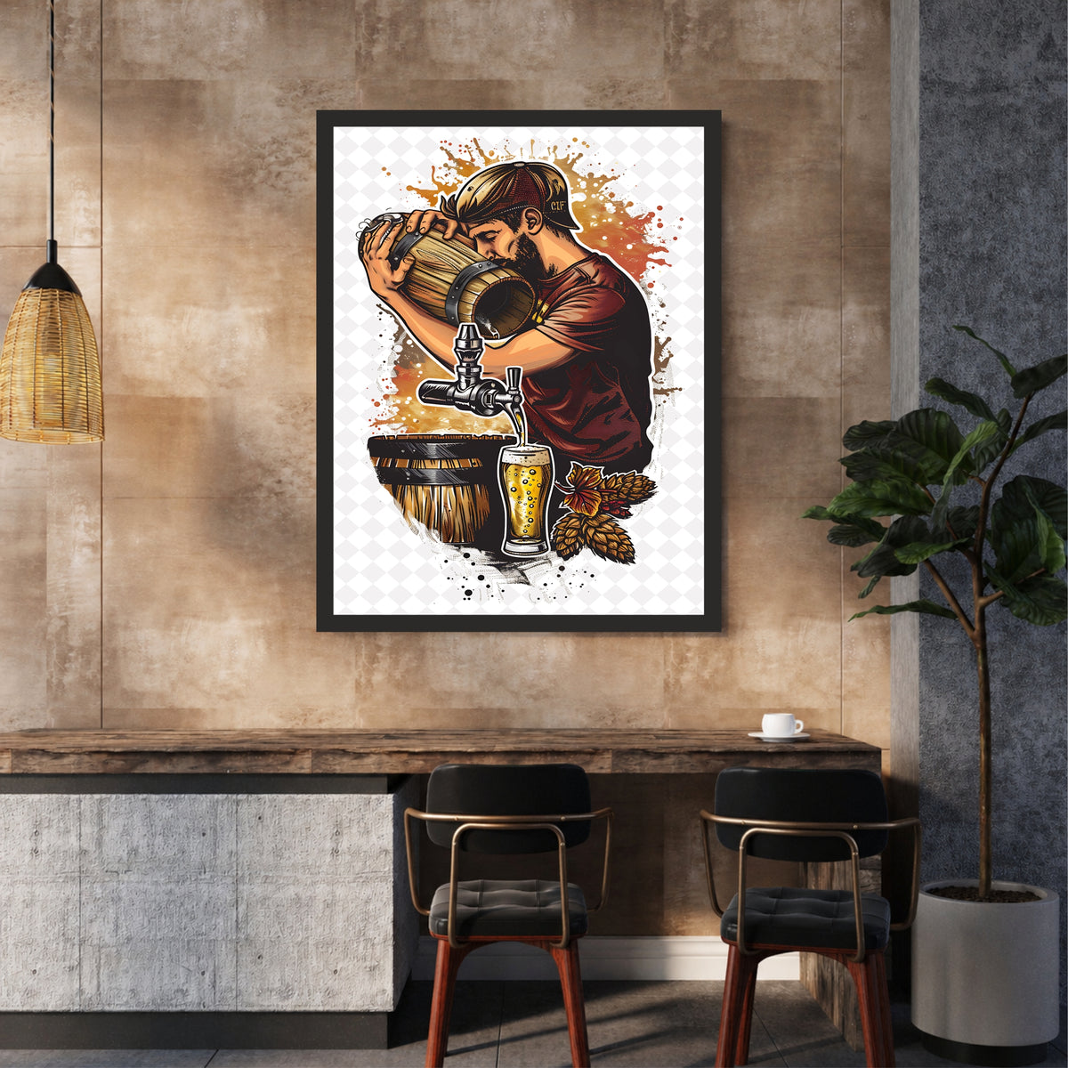 Beer Brewery Wall Art | Framed Vintage Beer Barrel & Tap Artwork | Pub Bar Décor | Beer Lover Wall Art
