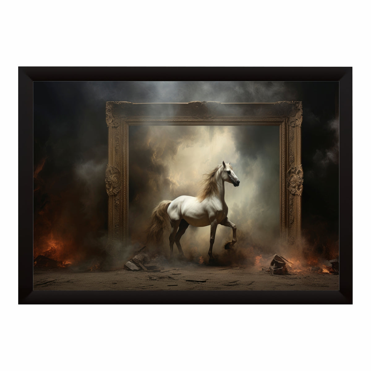 Horse Wall Art | White Horse Fantasy Artwork | Framed Equestrian Art Print | Dramatic Modern Wall Decor
