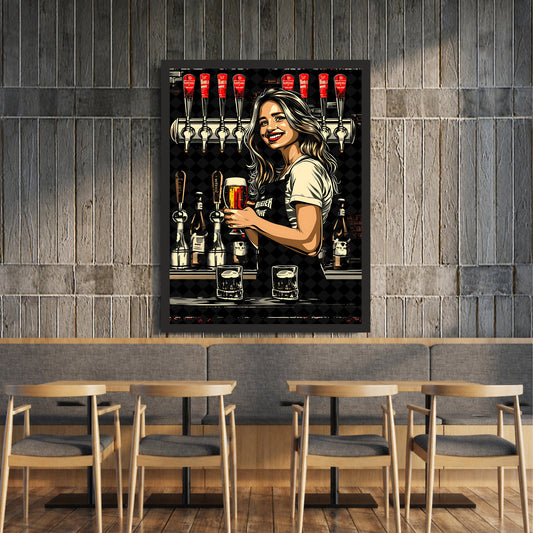 Beer Bar Wall Art | Framed Female Bartender Beer Poster | Pub & Bar Décor | Beer Lover Wall Art