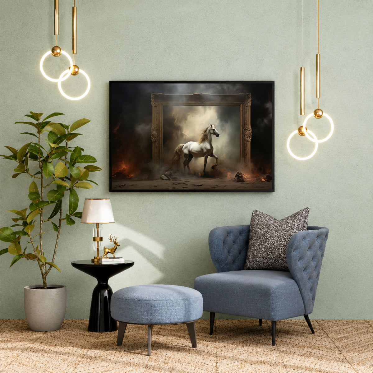 Horse Wall Art | White Horse Fantasy Artwork | Framed Equestrian Art Print | Dramatic Modern Wall Decor