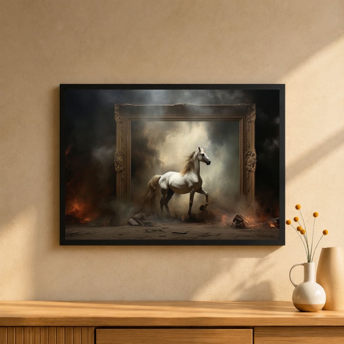 Horse Wall Art | White Horse Fantasy Artwork | Framed Equestrian Art Print | Dramatic Modern Wall Decor