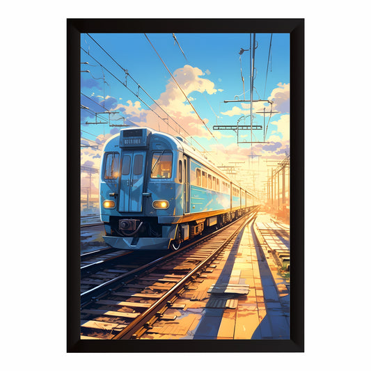 Blue Train Station Wall Art | Modern Railway Landscape Canvas | Sunset Travel Illustration Poster