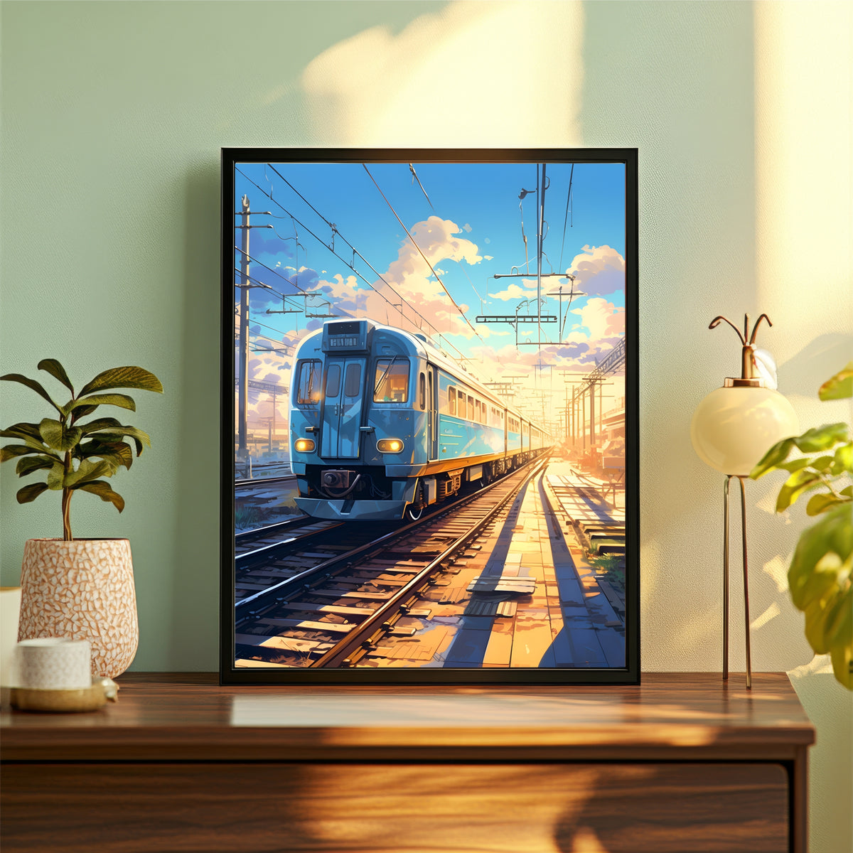 Blue Train Station Wall Art | Modern Railway Landscape Canvas | Sunset Travel Illustration Poster