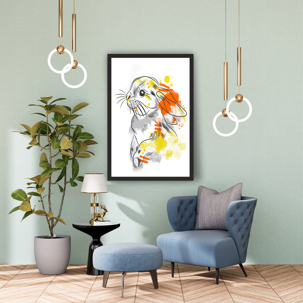 Rabbit Wall Art | Framed Colorful Bunny Artwork | Cute Animal & Modern Décor