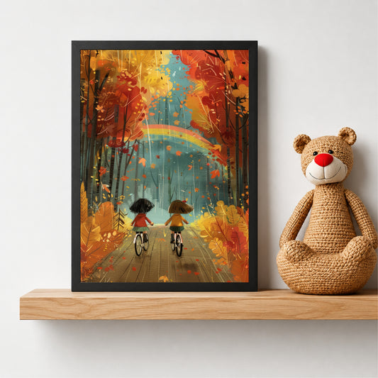 Autumn Forest Kids Wall Art | Whimsical Bicycle Adventure Print