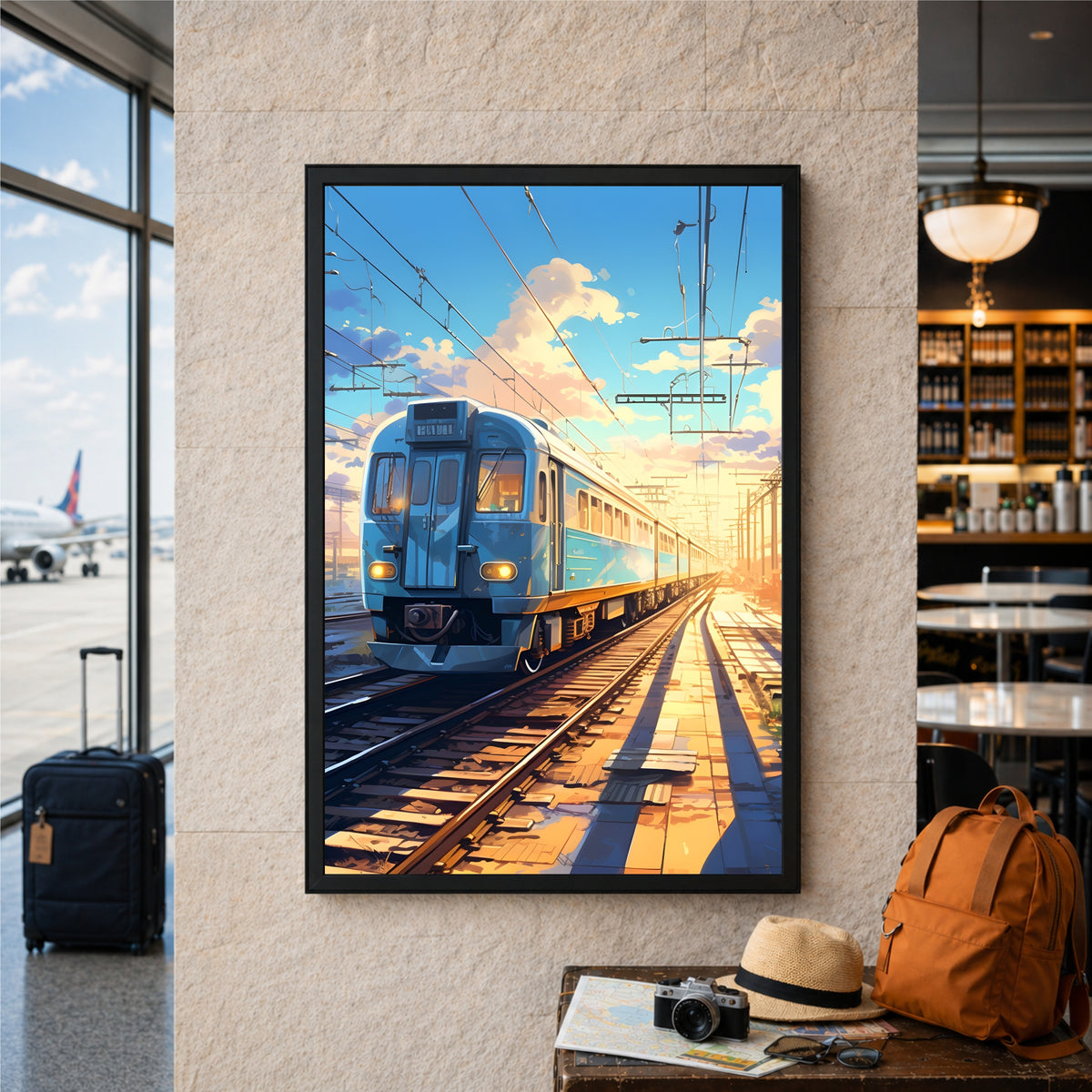Blue Train Station Wall Art | Modern Railway Landscape Canvas | Sunset Travel Illustration Poster