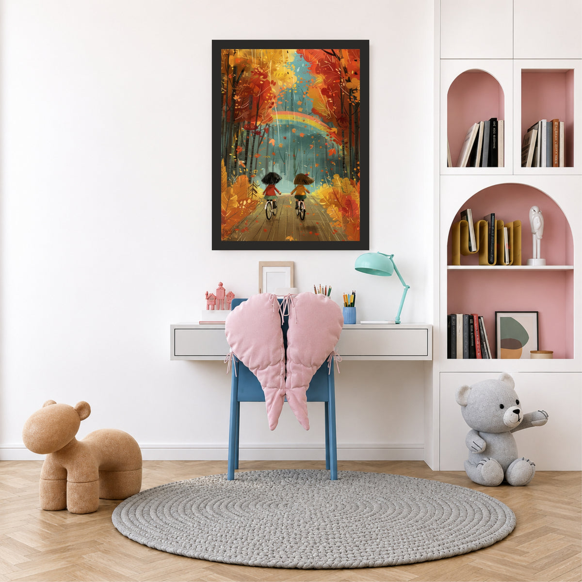 Autumn Forest Kids Wall Art | Whimsical Bicycle Adventure Print