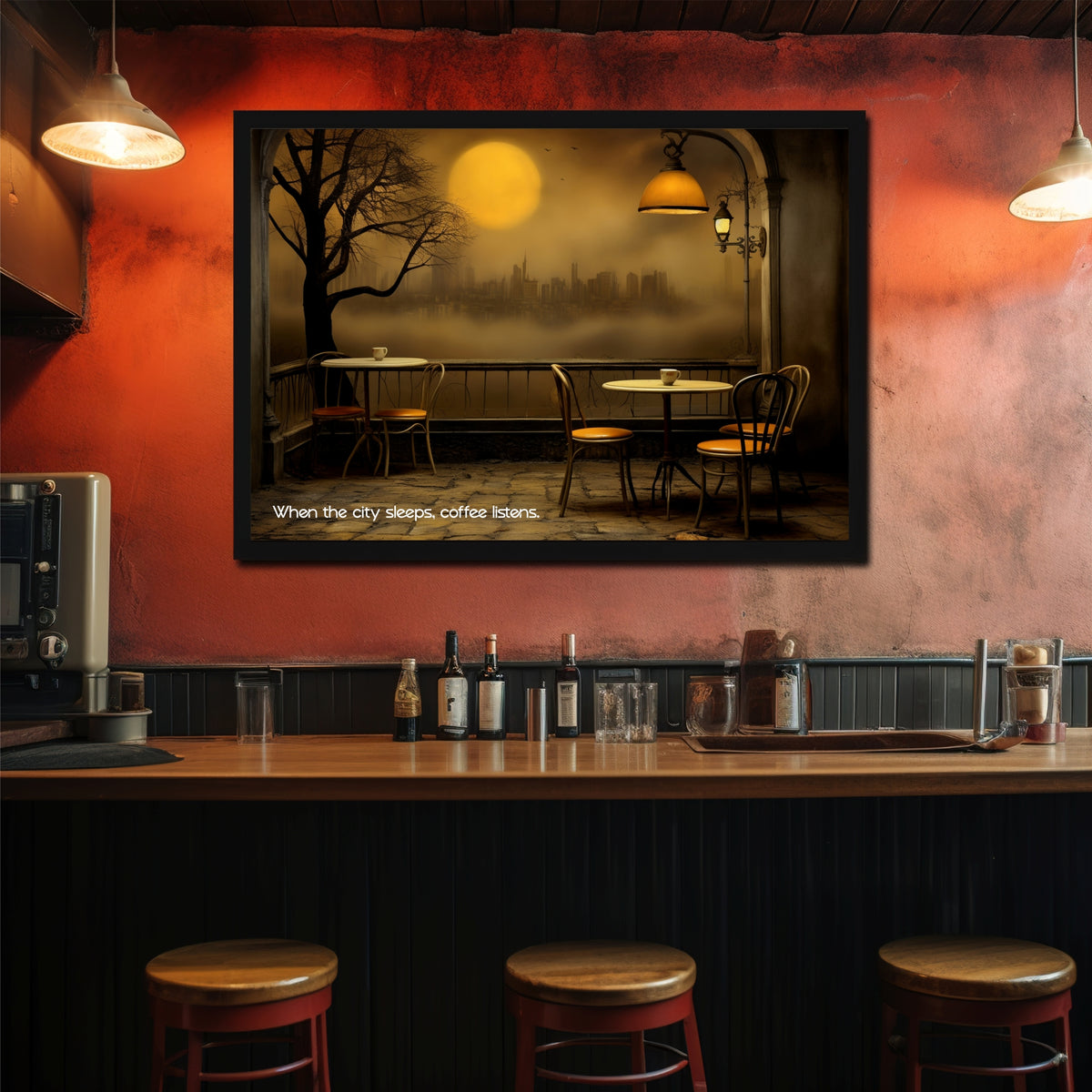 Coffee Café Wall Art | Cozy Night Coffee Canvas Print | Minimalist Coffee Poster