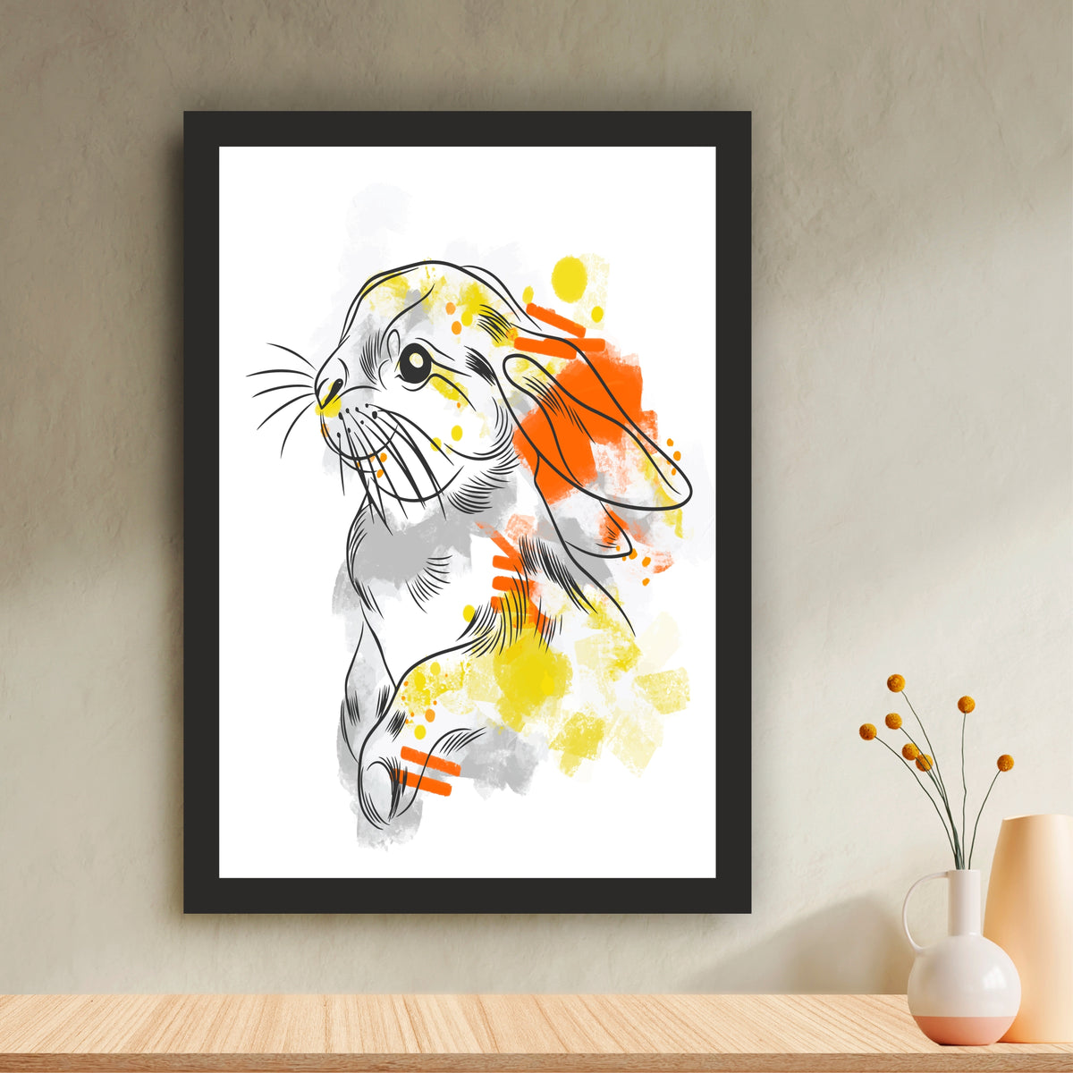 Rabbit Wall Art | Framed Colorful Bunny Artwork | Cute Animal & Modern Décor