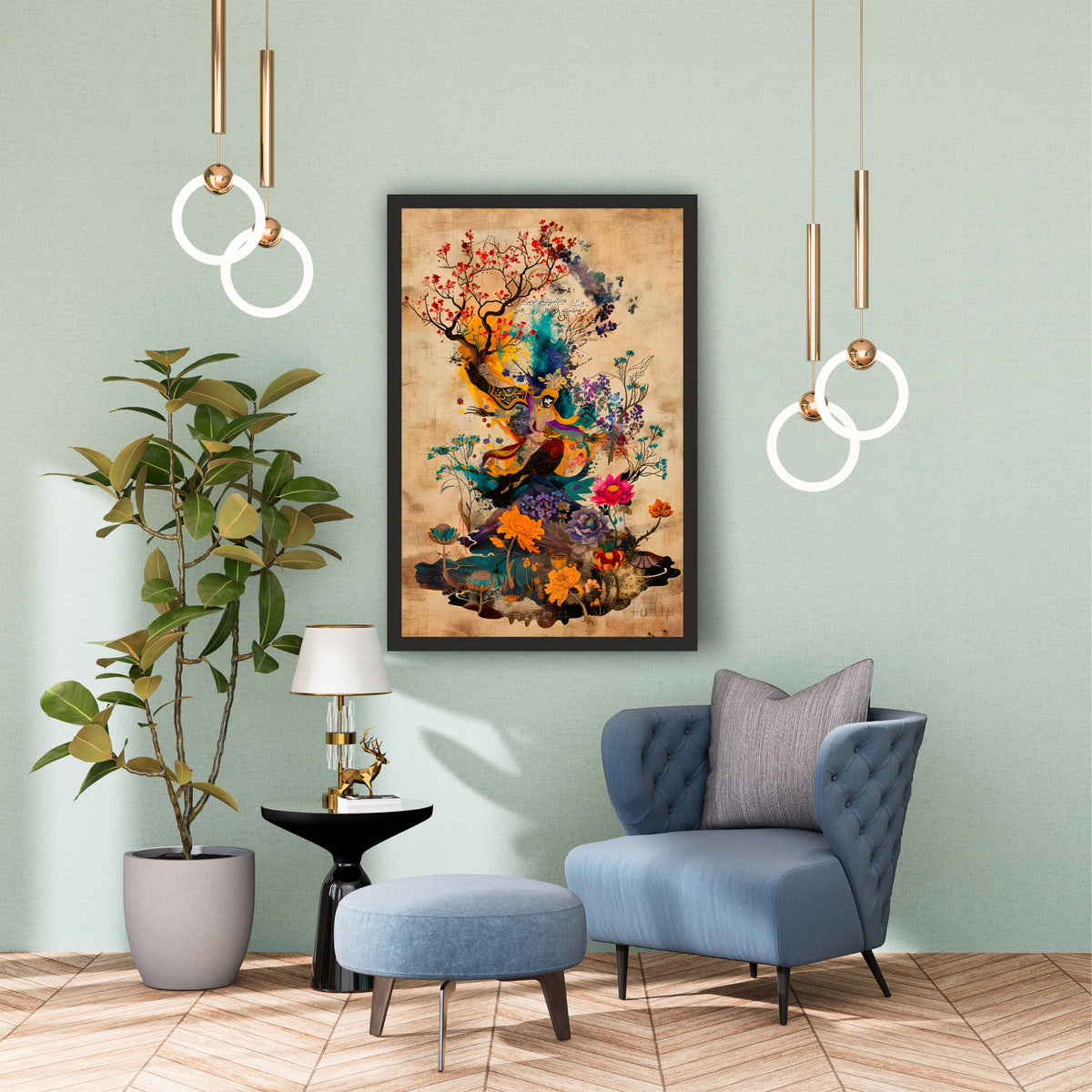 Persian Floral Woman Wall Art | Oriental Vintage Artwork