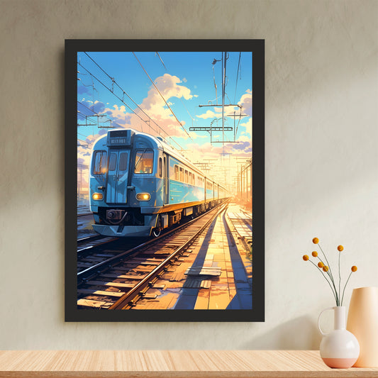 Blue Train Station Wall Art | Modern Railway Landscape Canvas | Sunset Travel Illustration Poster