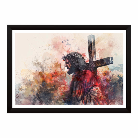 Jesus Carrying the Cross Wall Art | Christian Passion of Christ Watercolor Artwork | Crown of Thorns Religious Decor | Inspirational Christian Home Wall Frame