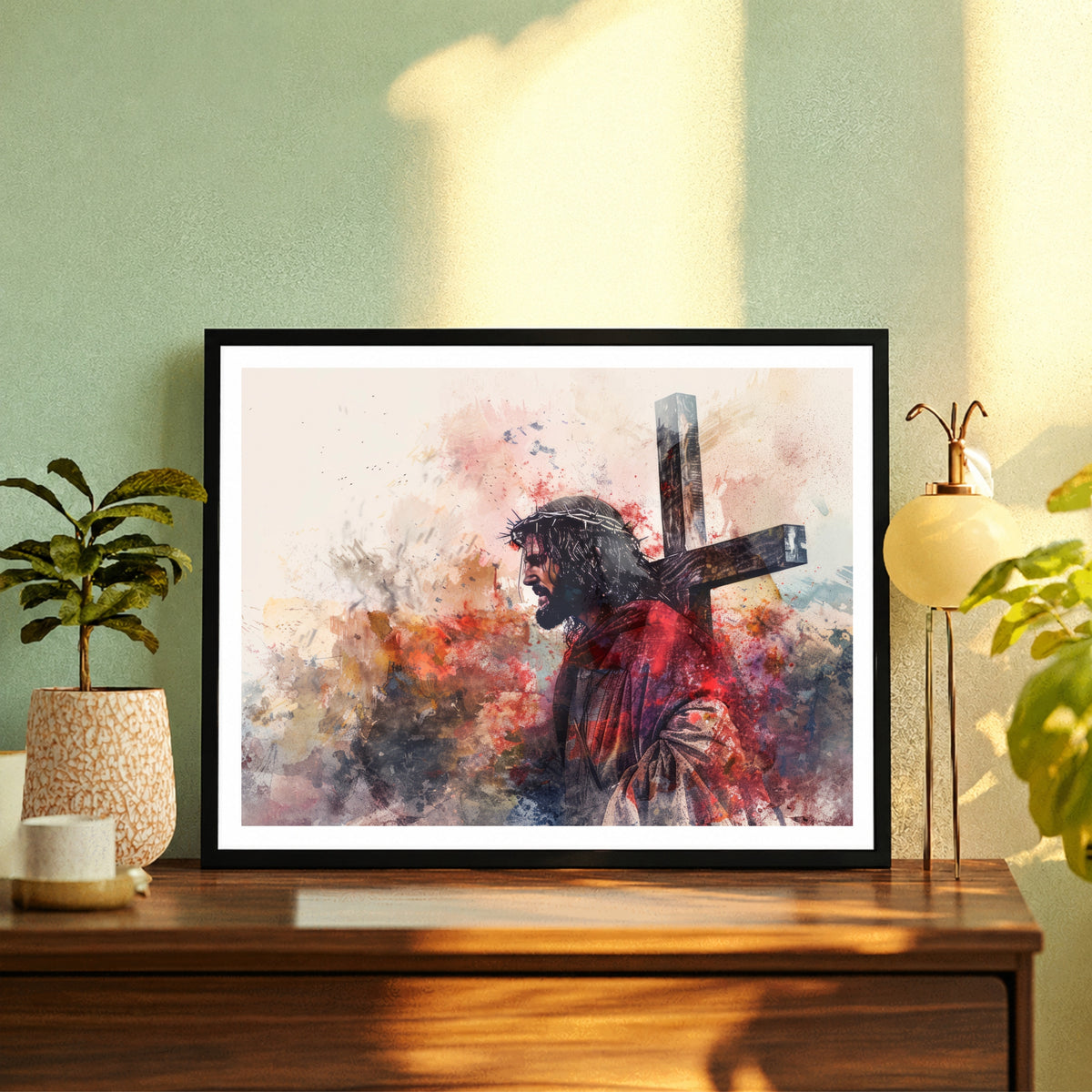 Jesus Carrying the Cross Wall Art | Christian Passion of Christ Watercolor Artwork | Crown of Thorns Religious Decor | Inspirational Christian Home Wall Frame