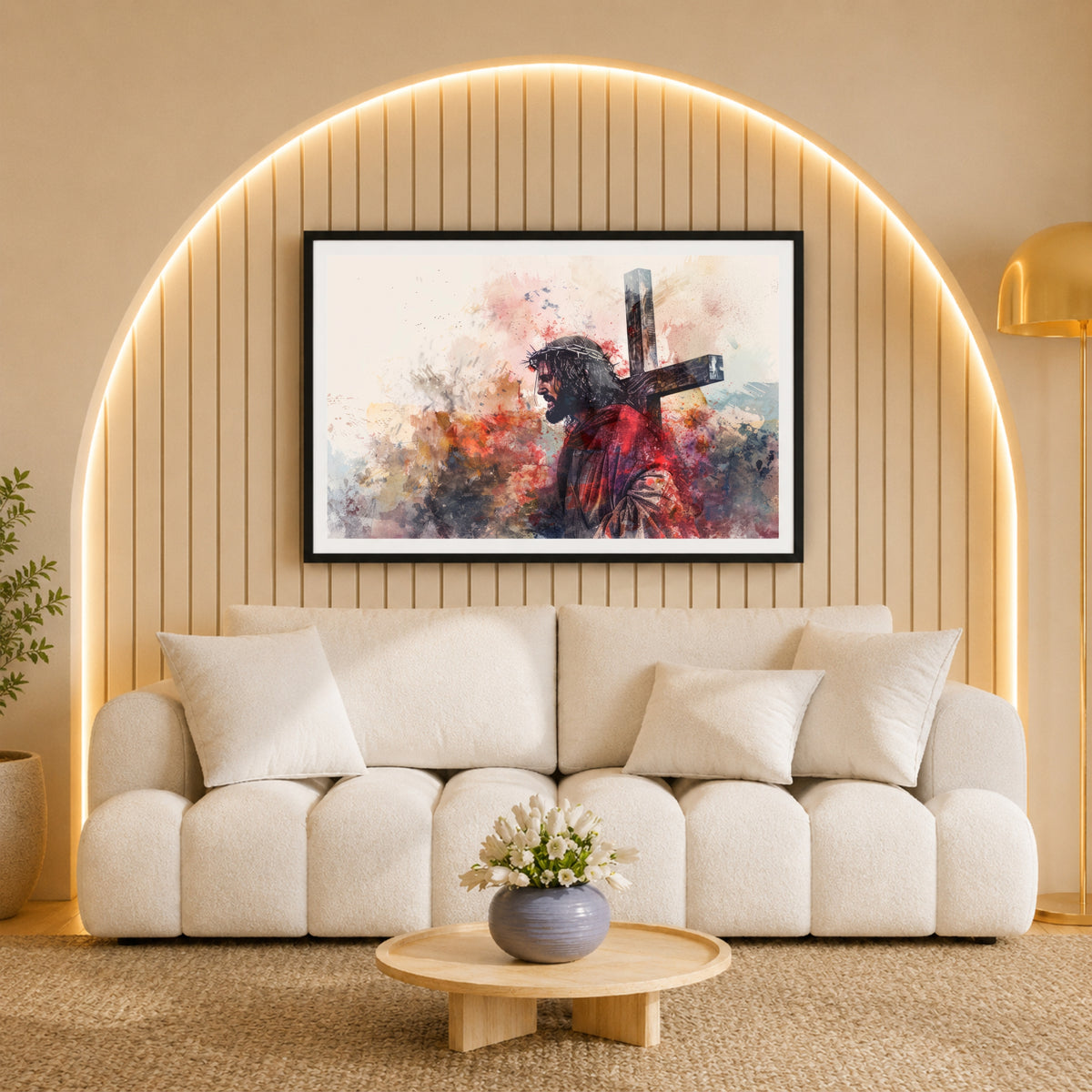 Jesus Carrying the Cross Wall Art | Christian Passion of Christ Watercolor Artwork | Crown of Thorns Religious Decor | Inspirational Christian Home Wall Frame