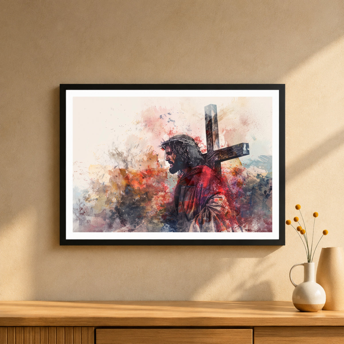 Jesus Carrying the Cross Wall Art | Christian Passion of Christ Watercolor Artwork | Crown of Thorns Religious Decor | Inspirational Christian Home Wall Frame