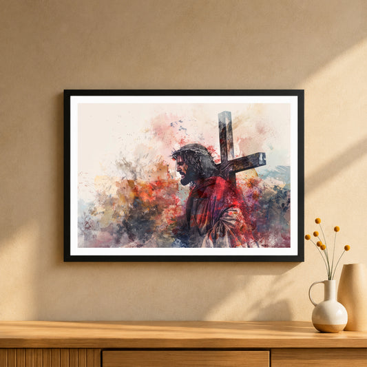 Jesus Carrying the Cross Wall Art | Christian Passion of Christ Watercolor Artwork | Crown of Thorns Religious Decor | Inspirational Christian Home Wall Frame