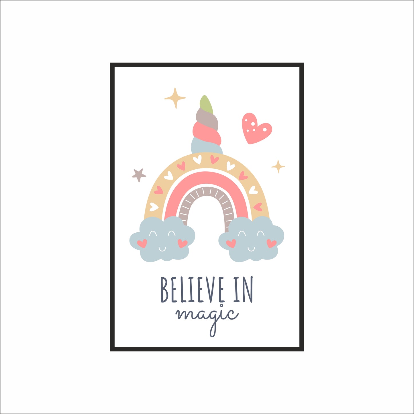 🌈 “Believe in Magic” Kids Wall Art – Cute Rainbow & Clouds Room Décor ✨