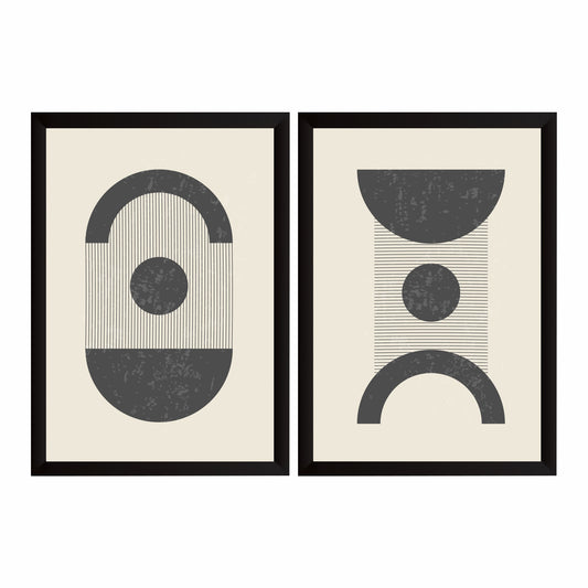 Abstract Geometric Wall Art Set of 2 | Black & Beige Minimalist Arch Circle Line Art Prints