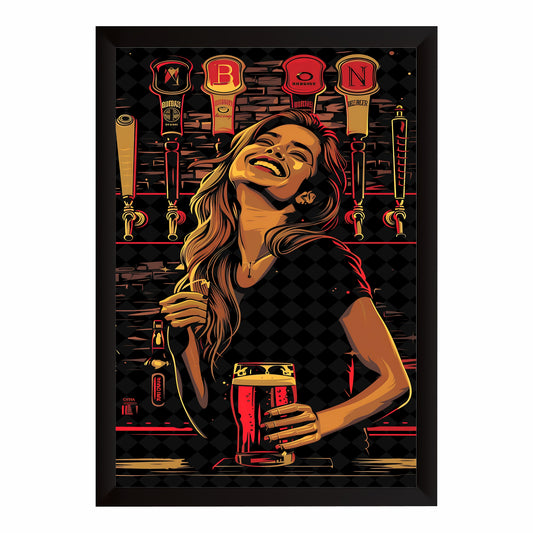 Beer Bar Wall Art | Framed Woman Drinking Beer Artwork | Pub & Bar Décor | Beer Lover Wall Art