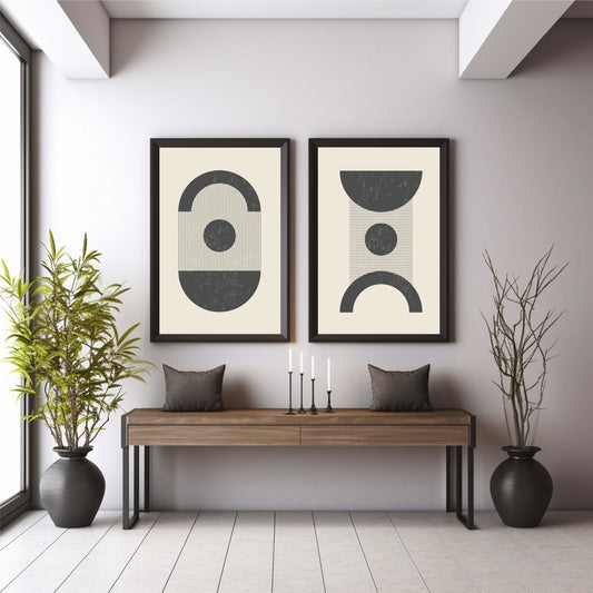 Abstract Geometric Wall Art Set of 2 | Black & Beige Minimalist Arch Circle Line Art Prints