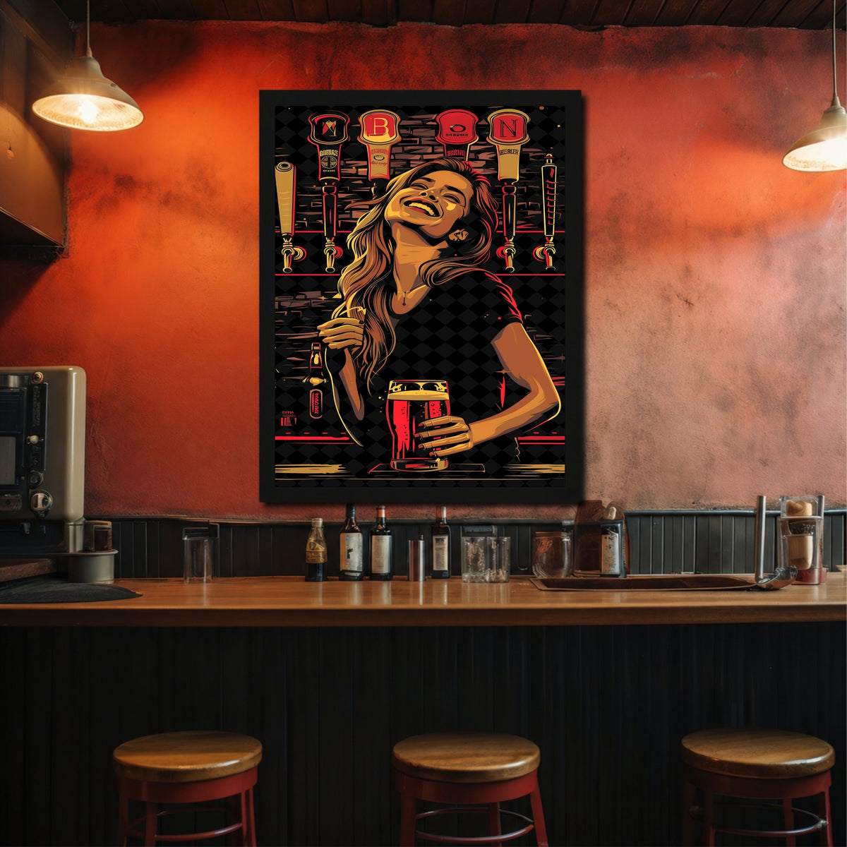 Beer Bar Wall Art | Framed Woman Drinking Beer Artwork | Pub & Bar Décor | Beer Lover Wall Art