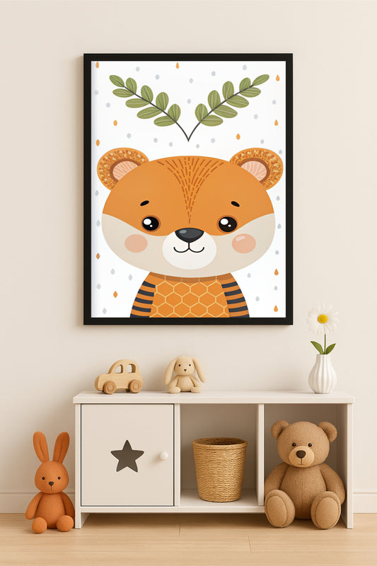 🧡 Cute Orange Bear Wall Frame – Playful Animal Art for Nursery & Kids Room