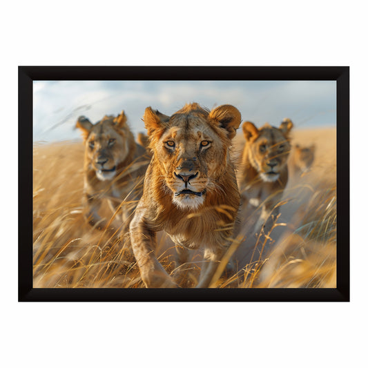 Lion Wall Art | Lion Pride in Golden Grassland | Framed African Wildlife Artwork | Safari Nature Wall Decor