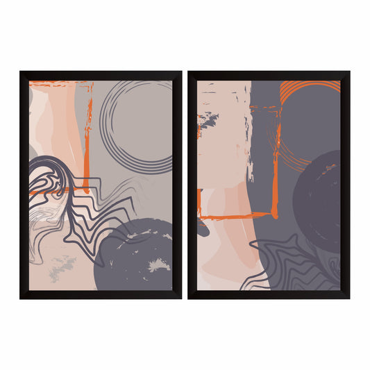 Abstract Modern Wall Art Set of 2 | Gray Orange Beige Contemporary Textured Line Art Prints
