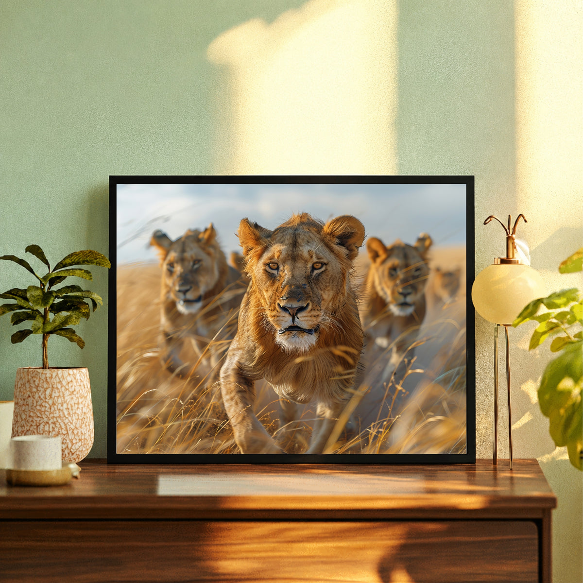 Lion Wall Art | Lion Pride in Golden Grassland | Framed African Wildlife Artwork | Safari Nature Wall Decor