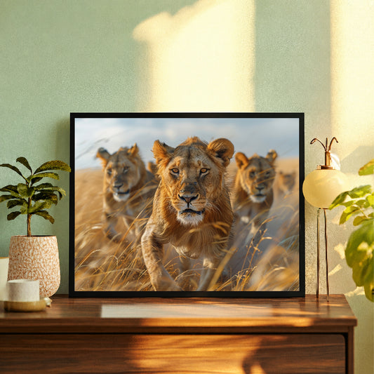 Lion Wall Art | Lion Pride in Golden Grassland | Framed African Wildlife Artwork | Safari Nature Wall Decor