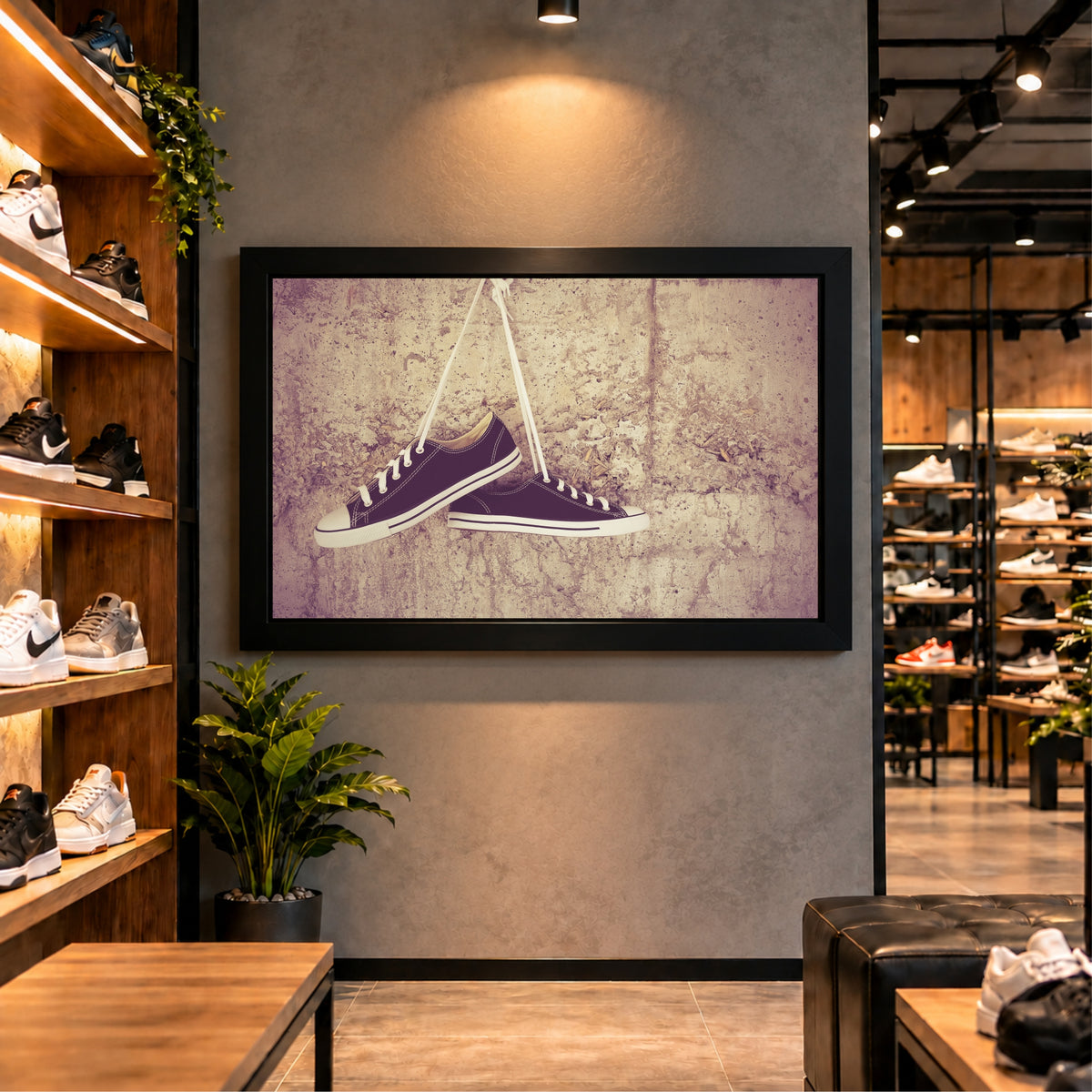 Purple Sneakers Wall Art | Hanging Shoes Artwork | Vintage Footwear Decor