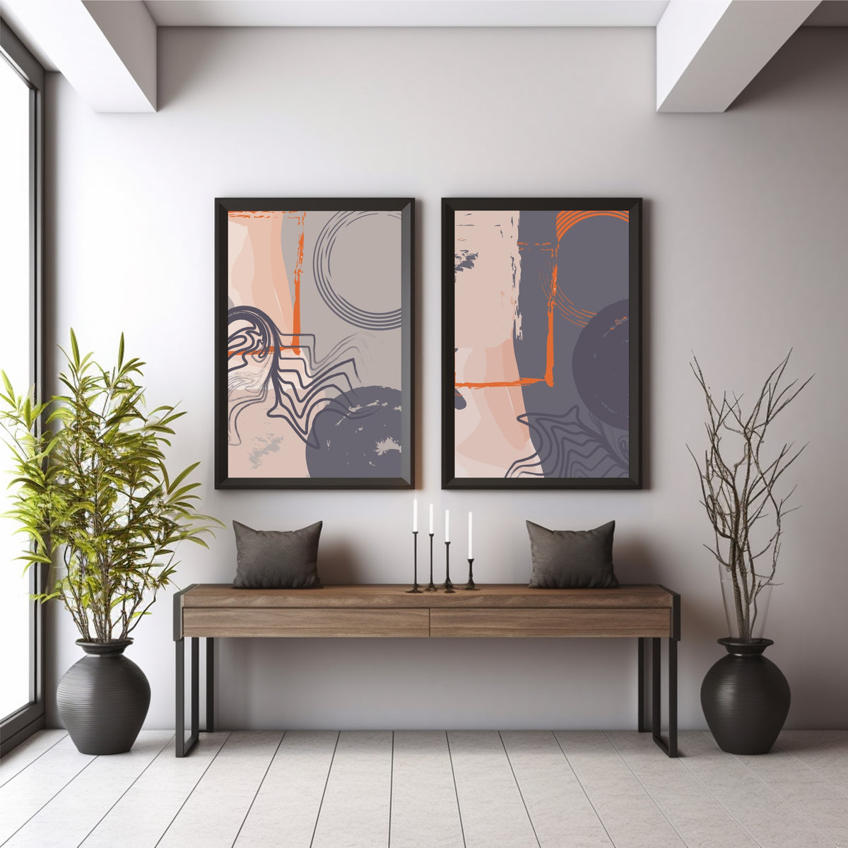 Abstract Modern Wall Art Set of 2 | Gray Orange Beige Contemporary Textured Line Art Prints