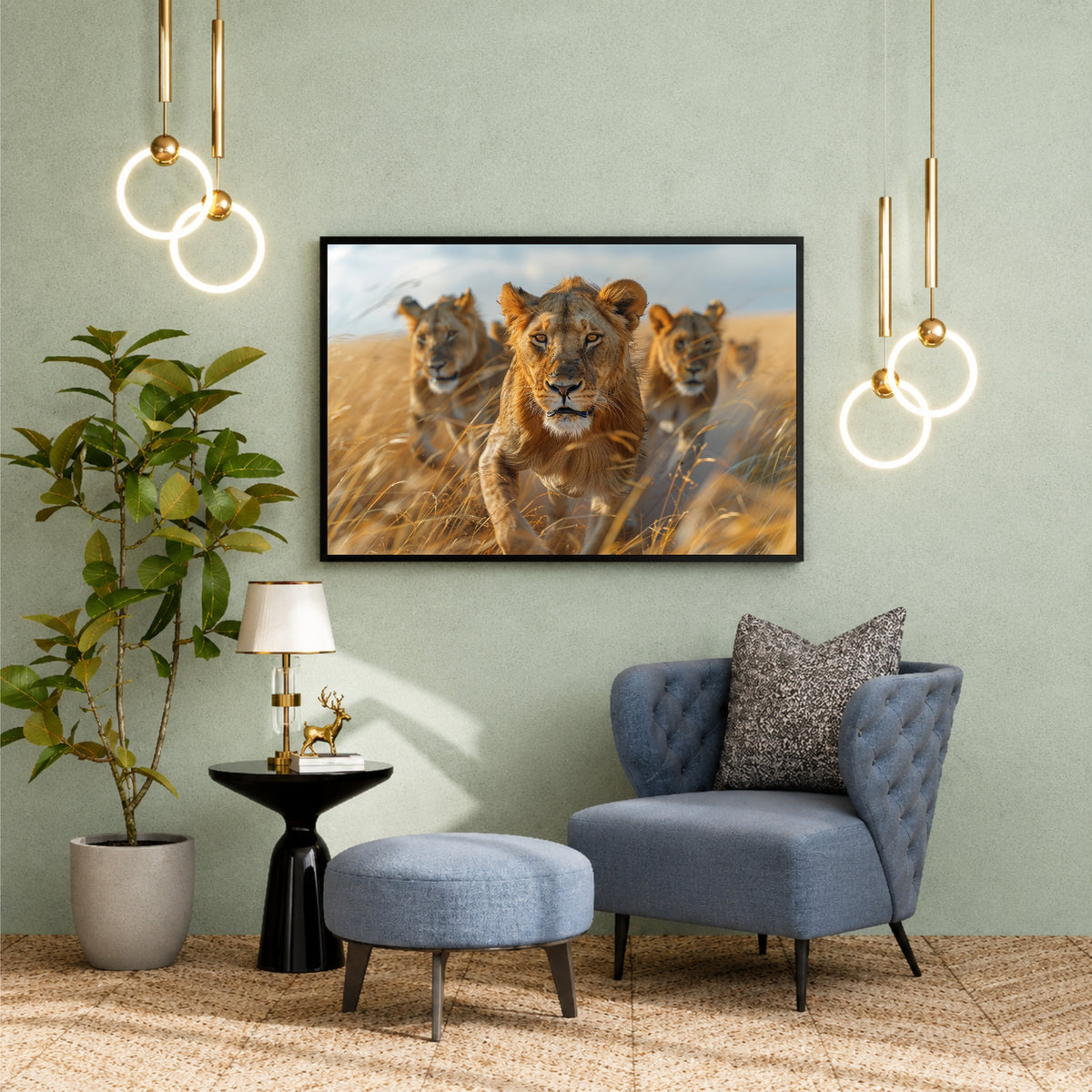 Lion Wall Art | Lion Pride in Golden Grassland | Framed African Wildlife Artwork | Safari Nature Wall Decor