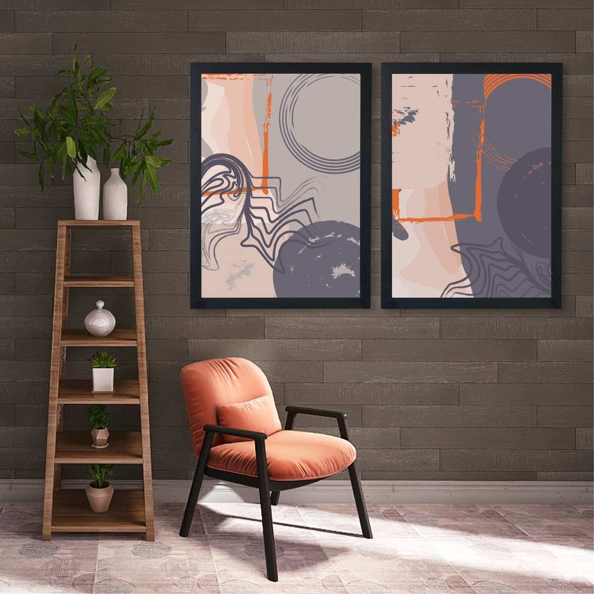 Abstract Modern Wall Art Set of 2 | Gray Orange Beige Contemporary Textured Line Art Prints