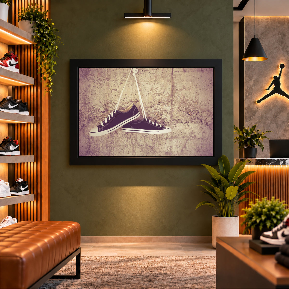 Purple Sneakers Wall Art | Hanging Shoes Artwork | Vintage Footwear Decor