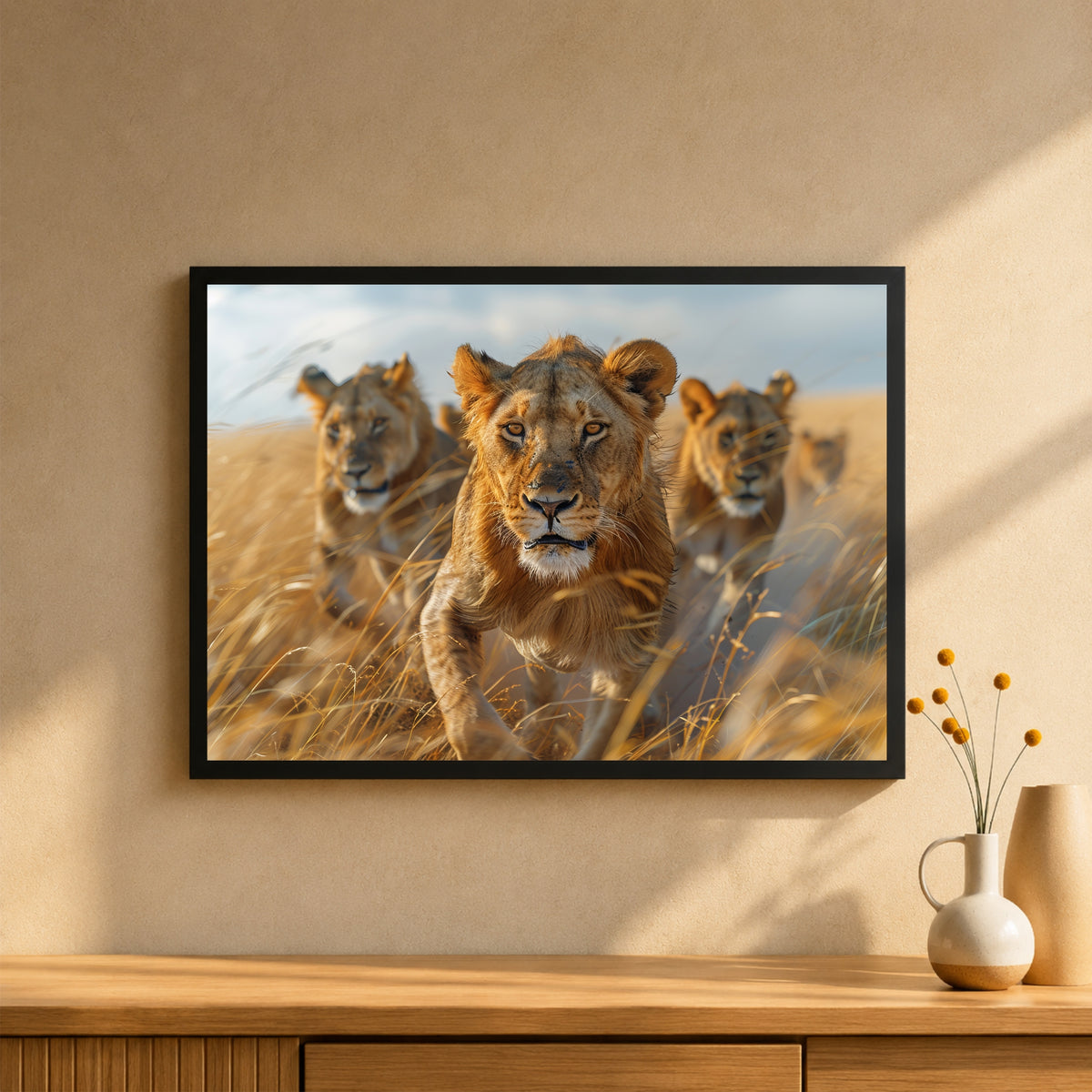 Lion Wall Art | Lion Pride in Golden Grassland | Framed African Wildlife Artwork | Safari Nature Wall Decor