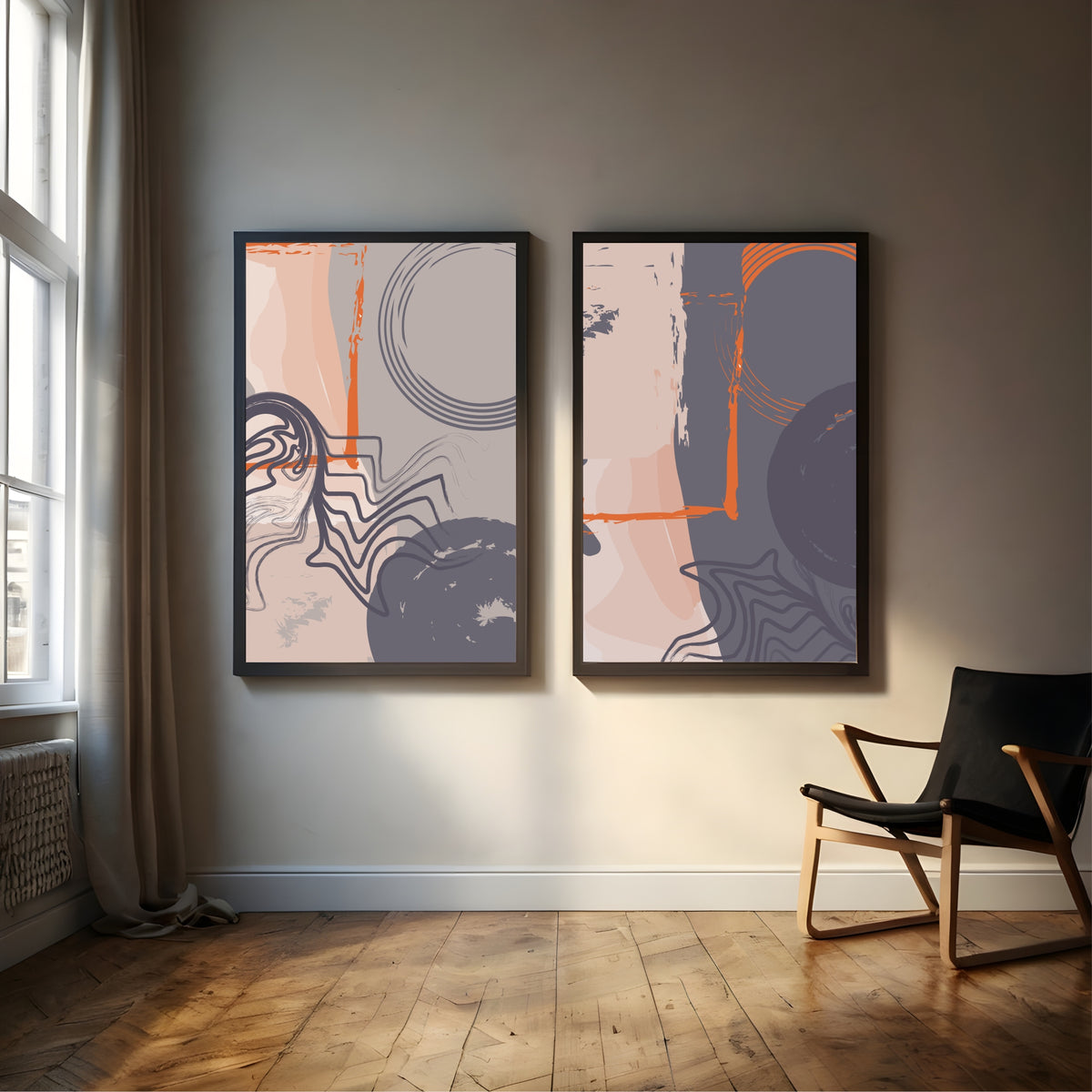 Abstract Modern Wall Art Set of 2 | Gray Orange Beige Contemporary Textured Line Art Prints